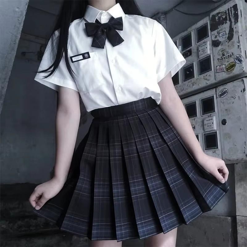 JK Skirts Women Summer High Waist Skirts Korean Style Pleated Skirts for Girls Cute Sweet Ladies Plaid Mini Skirt Shirt Bow Tie Women Set