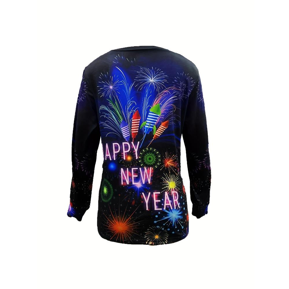 Women's Casual Long Sleeve T-Shirt  Happy New Year Fireworks Print Round Neck Pullover, Vibrant Geometric Pattern Top