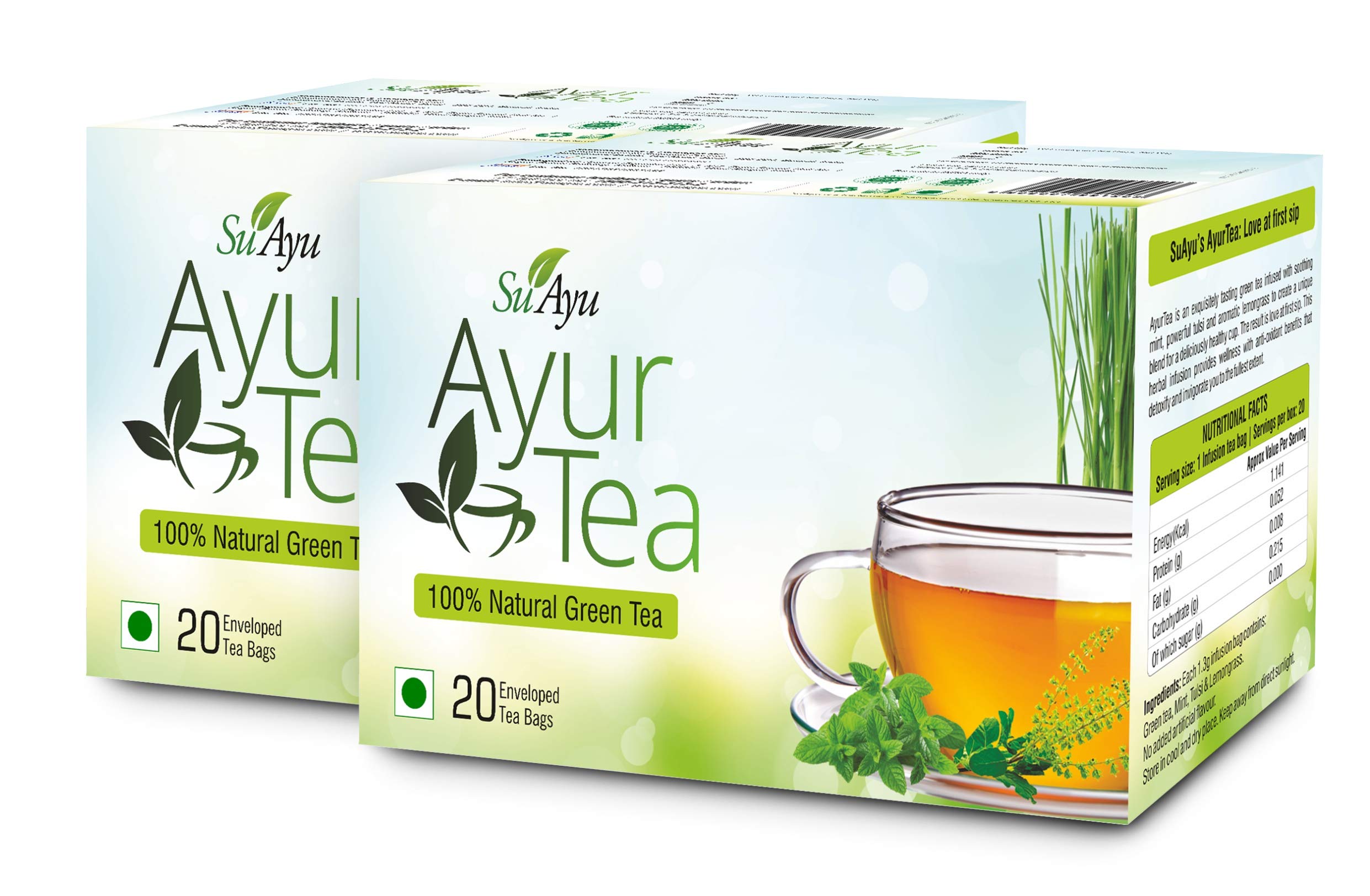 SuAyu AyurTea 100% Natural Green Tea (Pack of 2-20 Tea bags each)