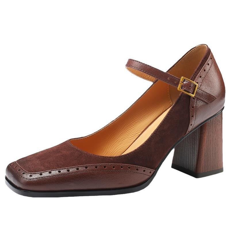 Pantofi unici cu toc înalt Mary Jane maro, cu cataramă cu o singură bară, cu vârf pătrat retro sculptat, cu gură adâncă, de primăvară 2025, pentru femei, de toamnă