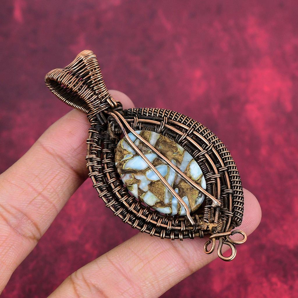 Copper larimar pendant copper wire wrapped gemstone jewelry handmade copper pendant gifts for women wire weaving pendants birthstone jewelry