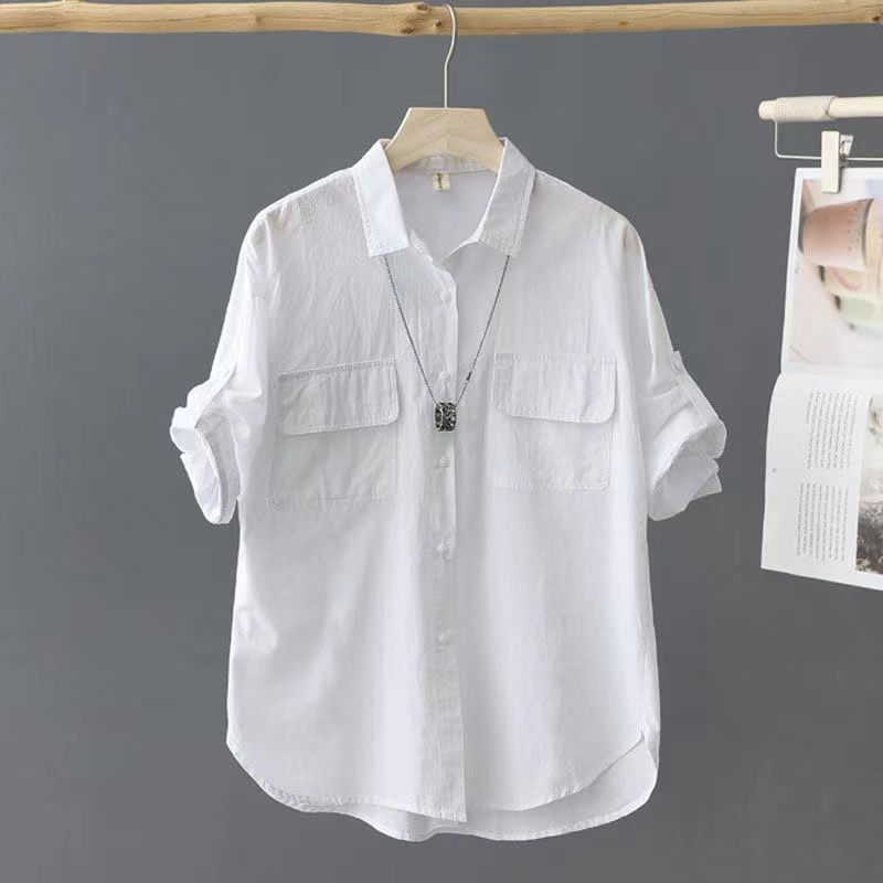 Comfortable and Breathable Women's Solid Color Short Sleeve Cotton Shirt