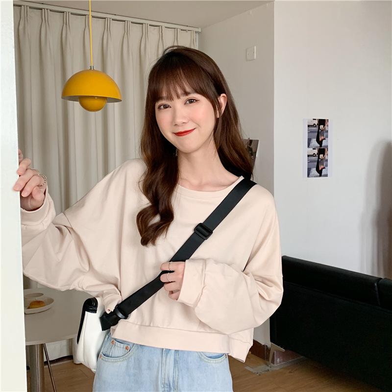 Spring and Autumn Regular Models Loose Thin Section Sweater Women Casual Short Section Round Neck Long-sleeved T-shirt Retro Versatile Sweatshirt