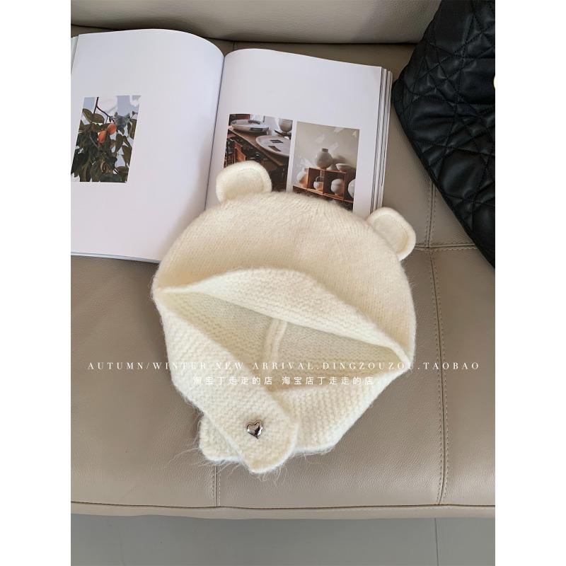 Cute Bear Ears Red Knitted Autumn and Winter Wool Hat Women's Warm Ear Protection Hat Showing Face Small Winter Headhat