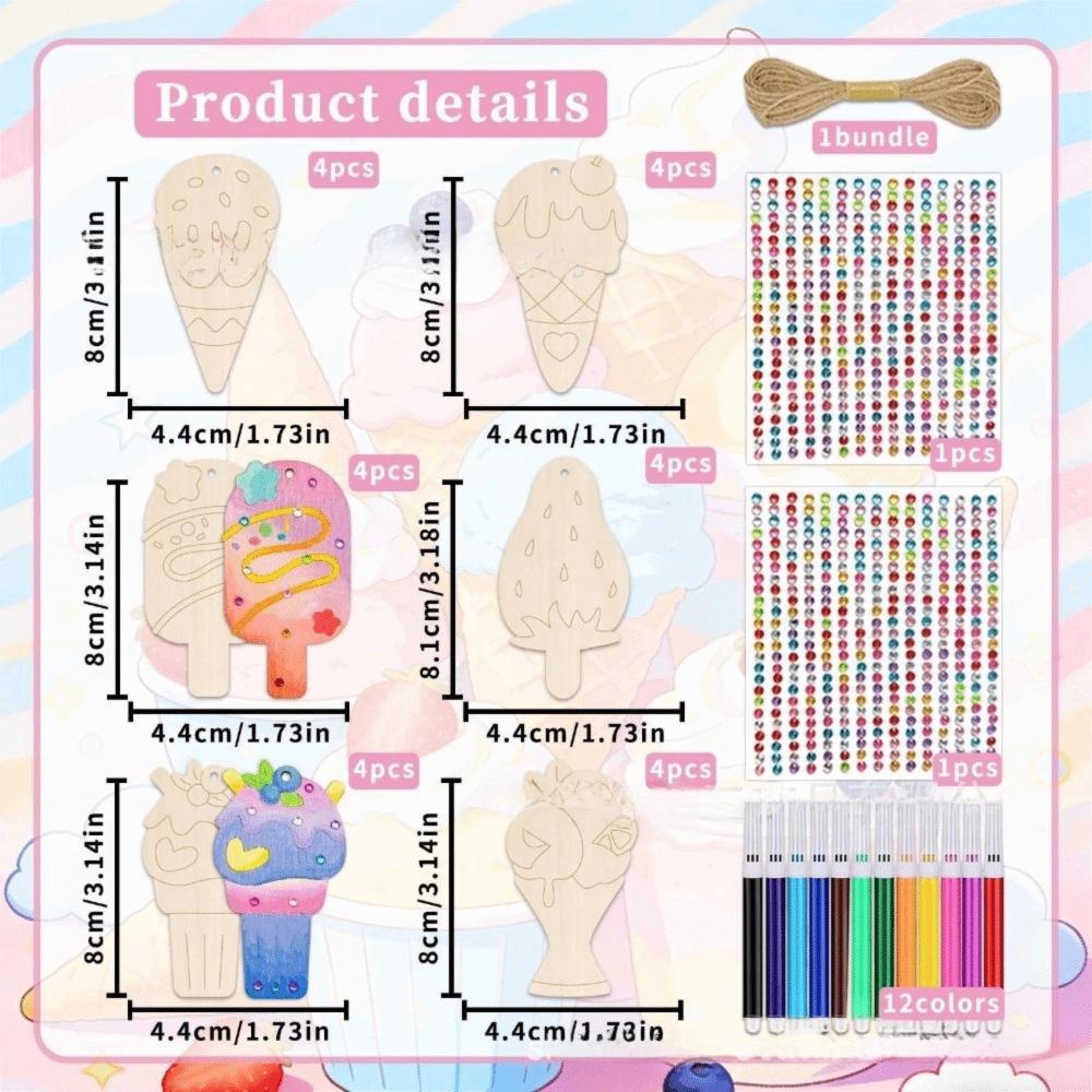 Handmade Ice Cream Graffiti Kit Wooden Ice Cream Pendant Hand Drawn DIY Graffiti Set Decorations