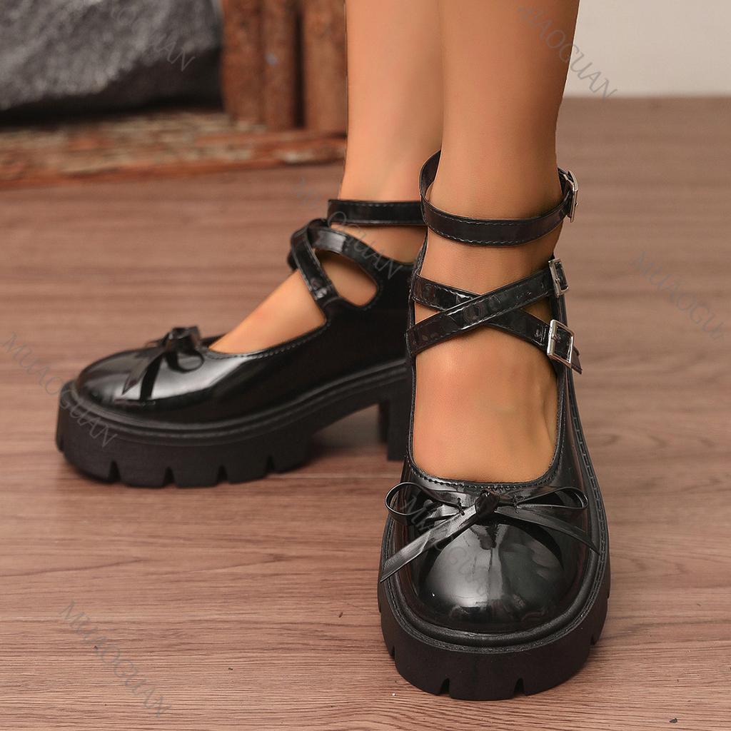 Fashion Retro Mary Jane Single Shoes 2025 New Spring Autumn Black Chunky Heeled Women's Shoes Ankle Belt Buckle Round Toe Pumps Loafers