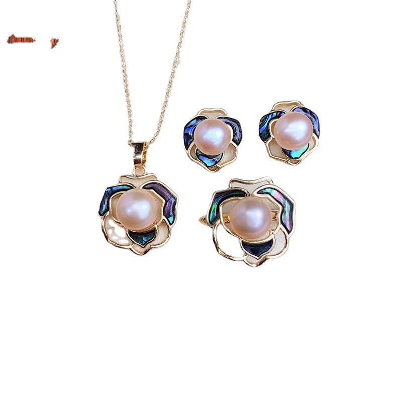 Exquisite Freshwater Pearl & Abalone Shell Jewelry Set: Earring, Ring, Pendant - Camellia Design