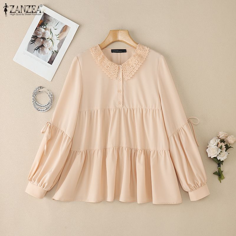 ZANZEA Women Lace Splice Round Neck Casual Long Sleeve Blouse