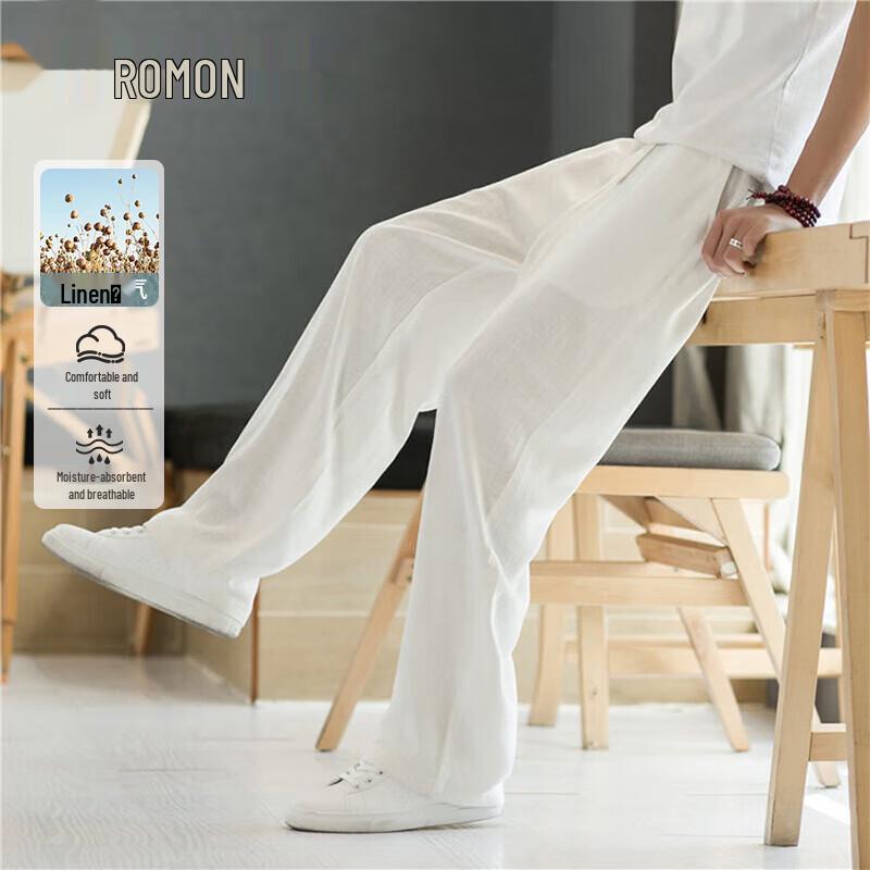 ROMON Men s Loose Straight Linen Blend Casual Pants M