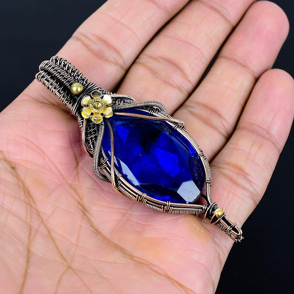 Blue Sapphire Pendant, Handmade Gemstone Pendant, 999 Copper Wire Wrapped Pendant Antique Jewelry, For Engagement Gift