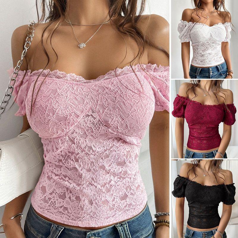 Cross-Border Amazon 2025 Spring and Summer European and American Sexy Hollow Navel Slim fit off-Shoulder Lace Top