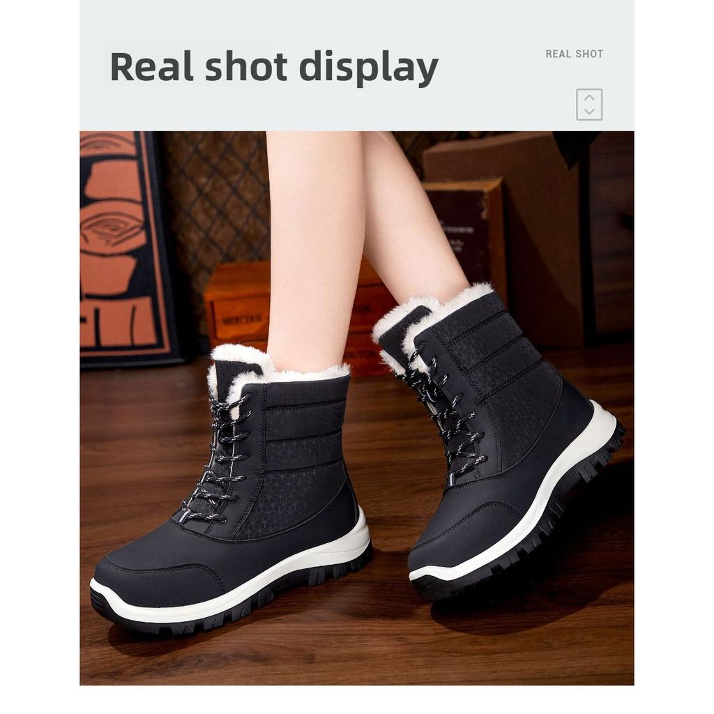 Women's New Winter Cotton Shoes with Plush and Thick High Top Cotton Boots, Waterproof and Non Slip Lace Up Snow Boots
