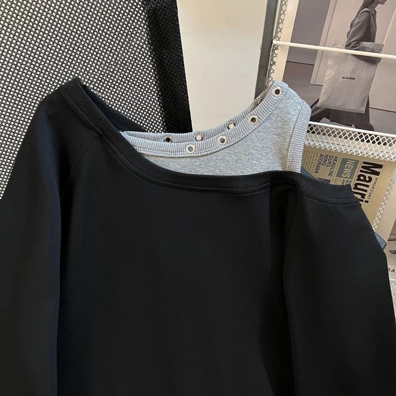 Sweatshirt for Women Cotton Oversize Faux Two-piece Loose Round Neck Casual Pullover Long Sleeve Winter Sweatshirt Top