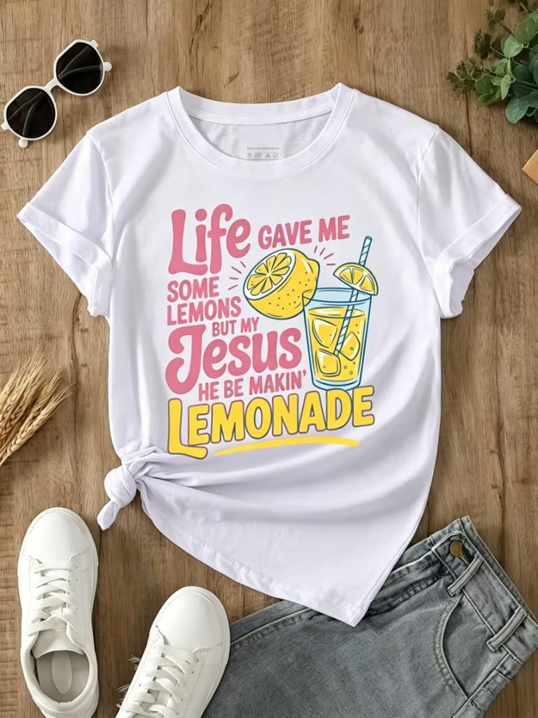 Life Gave Me Lemons But My Jesus Makes Lemonade Print Tshirt Funny Christian Lemonade Graphic Short Sleeve Tops Unisex Casual Tee