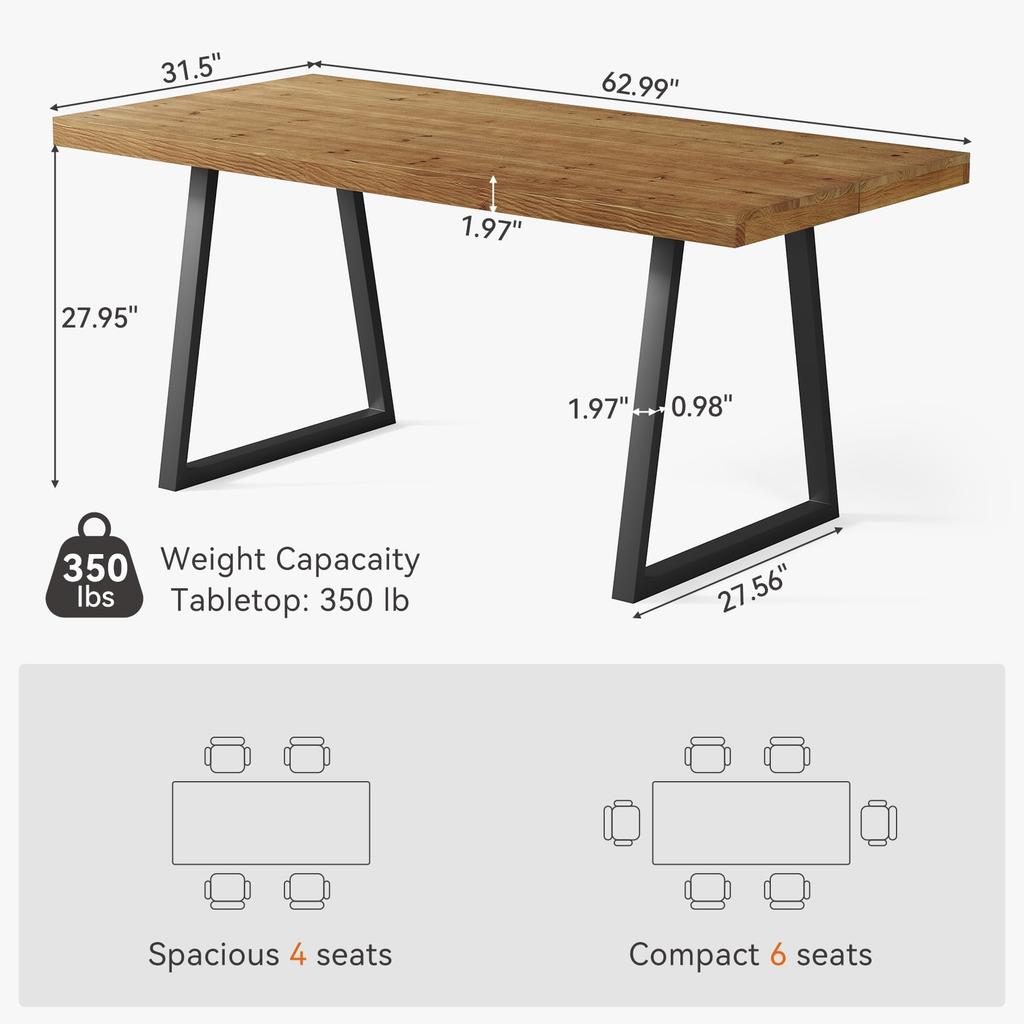 Industrial Dining Table for 4-6 People, 160cm Rectangular Solid Wood Kitchen Table with Sturdy Metal Legs, Ideal for Dining Room