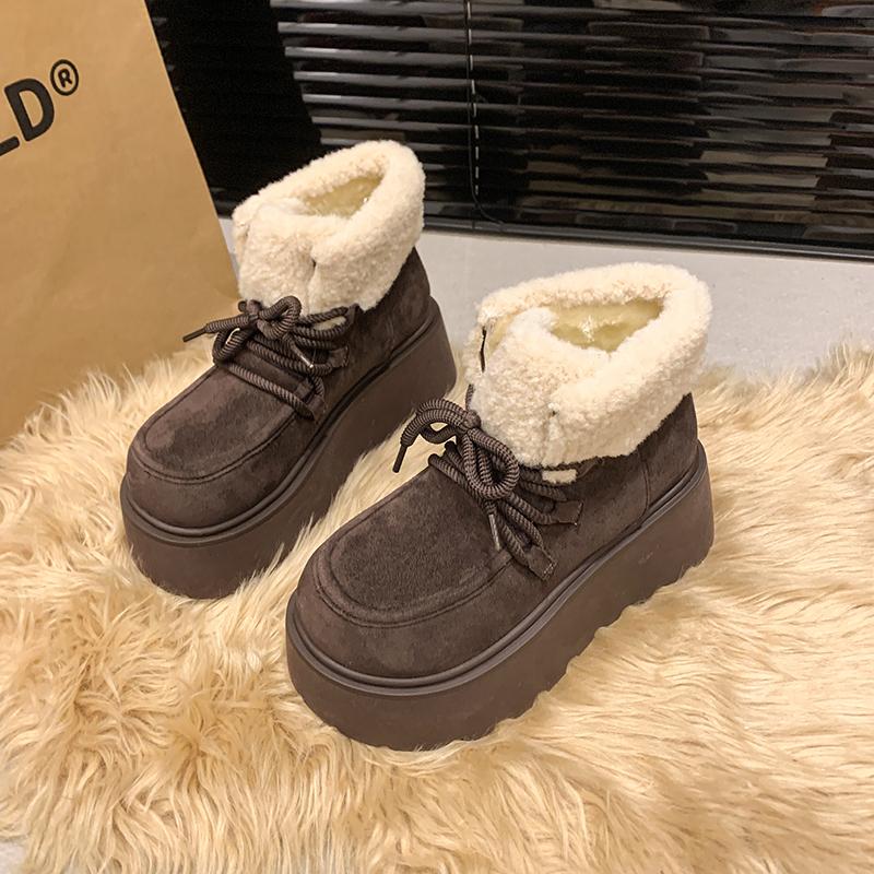 

Мода 2024 Зима Новая Верхняя Одежда Женские Зимние Сапоги с Передним Ремнем Толстая Подошва Круглая Голова Волосы Теплые и Удобные Модные Сапоги 40 кофейный
