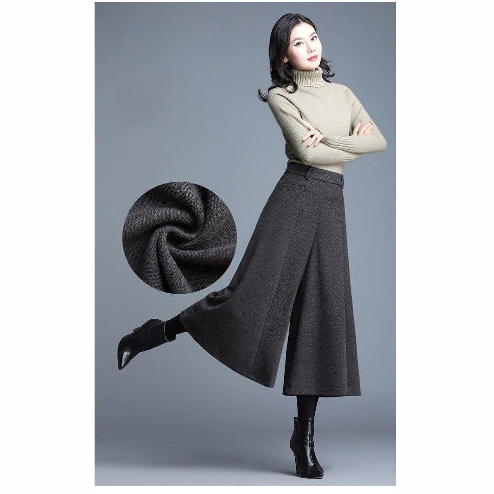 Autumn Winter Women's Woolen Pants Solid Pocket Elastic High Waist Fashion Elegant Loose Wide Leg Ankle Length Trousers
