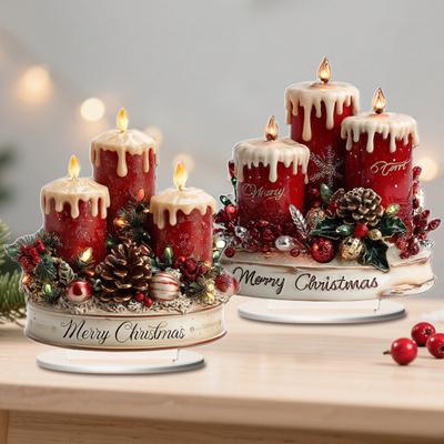 Christmas Tabletop Sign 2D Acrylic Desktop Sign with Candles Pine Cones Red Berries Pattern for Holiday Tiered Tray Home Party Decor