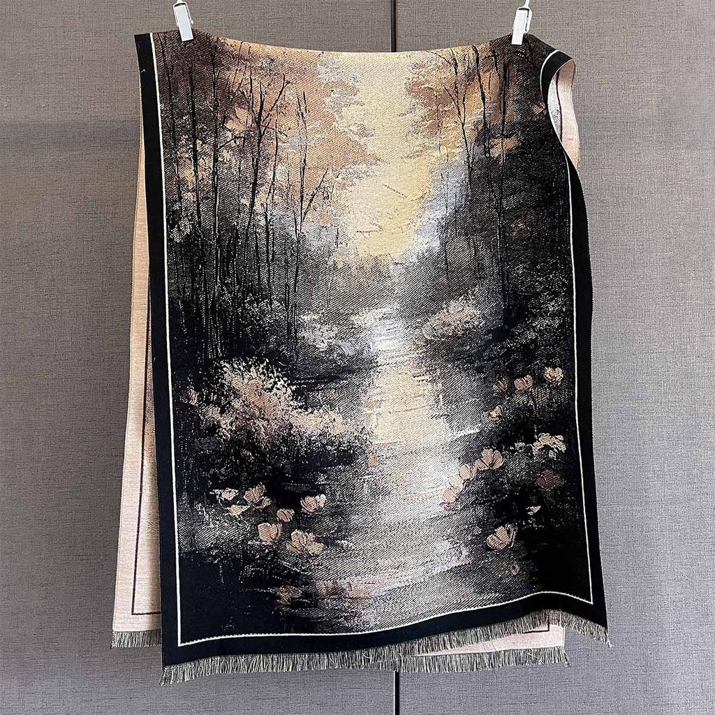 Autumn personalized versatile plant flower print scarf women's imitation cashmere warm windproof scarf with a large shawl tide