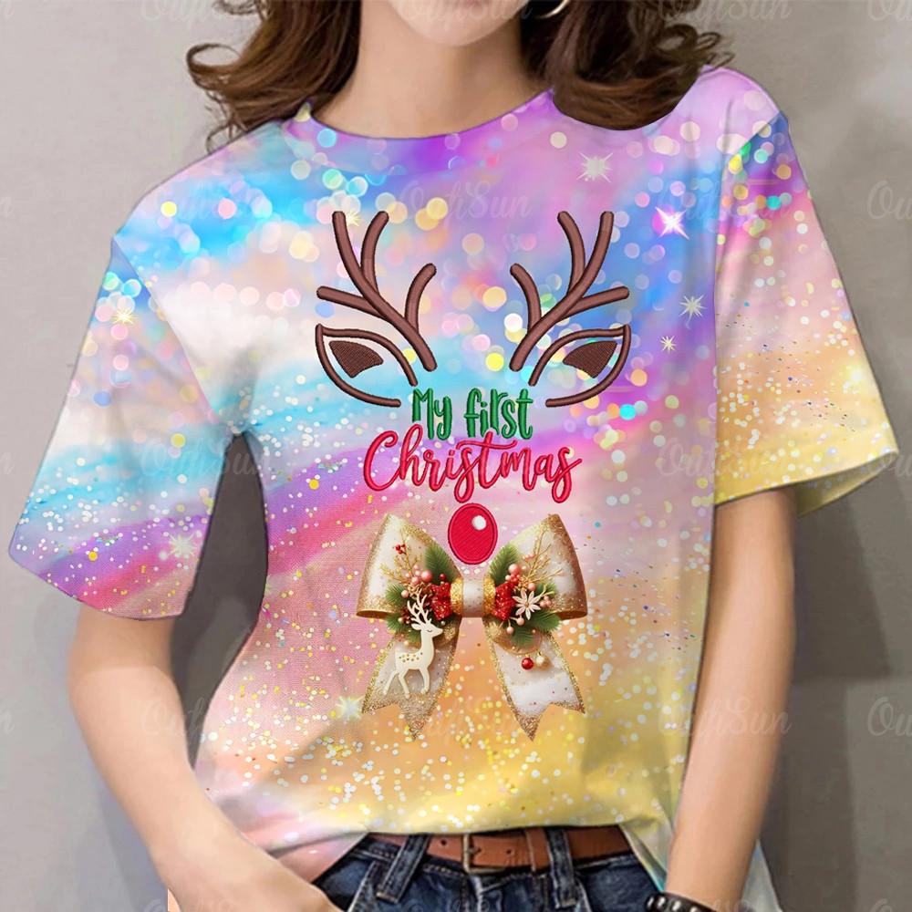 2026 New Christmas Rainbow & Red T-Shirt - Fashionable Full Sublimation Print for Women