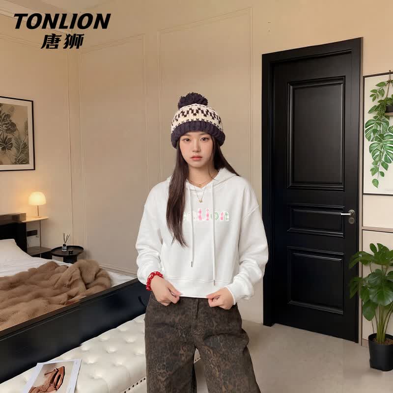 TonLion Women s TS Letter Print Short Hooded Sweatshirt XL