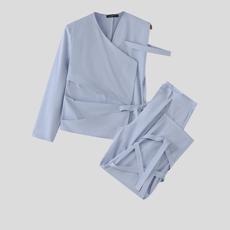 INCERUN Two Pieces Outfits Men One Shoulder Shirt Long Bandage Harem Pants Sets