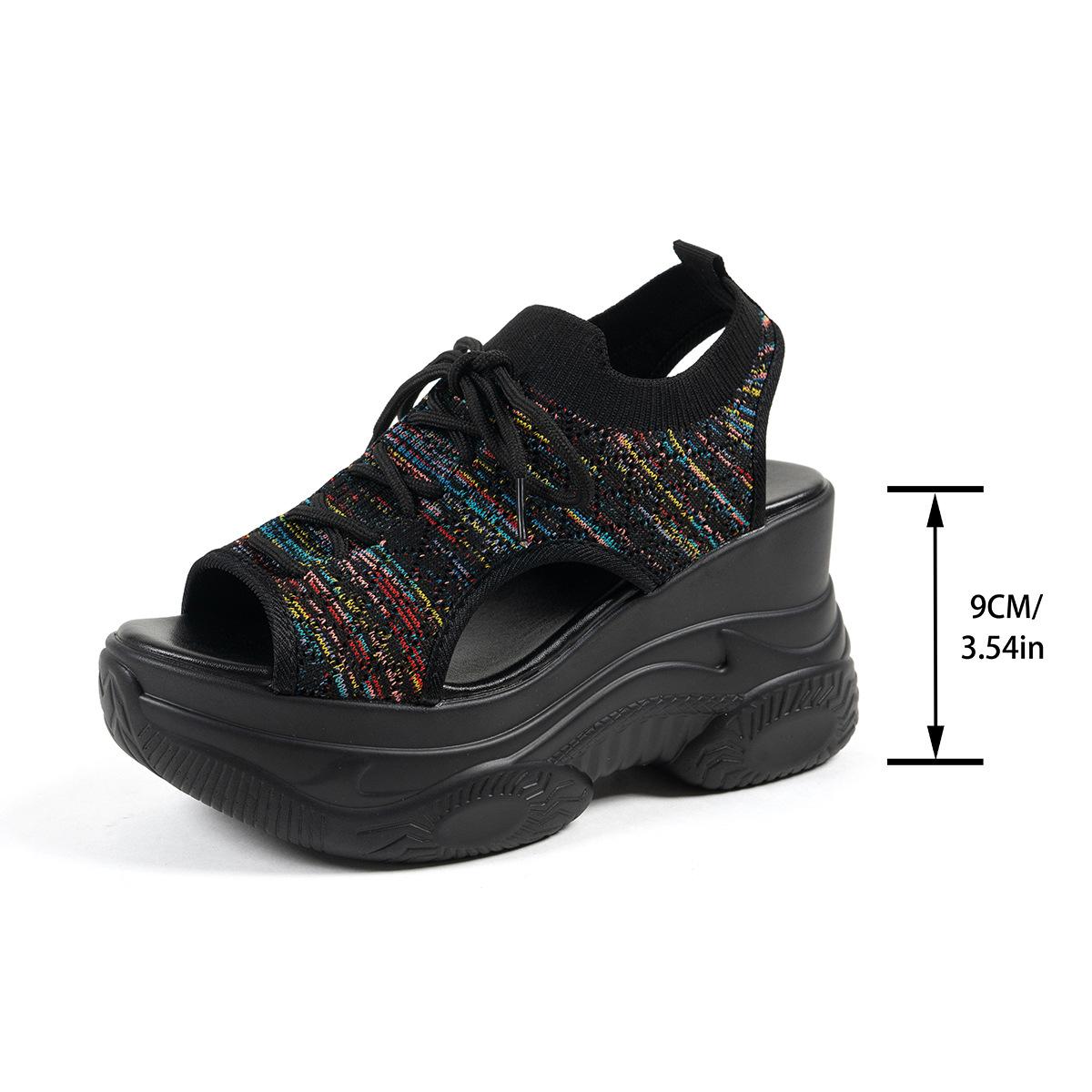 

Summer New Knitting Woven Lace-up Women s Sports Sandals Breathable Open Toe Wedge Heel Thick Sole Beach Casual Sandals 34 чёрный
