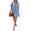 Abiti Camicia in Denim da Donna Manica Corta Collo a Revers Vestito di Jean Monopetto Top Bordo Arricciato Ampio Abiti da Donna