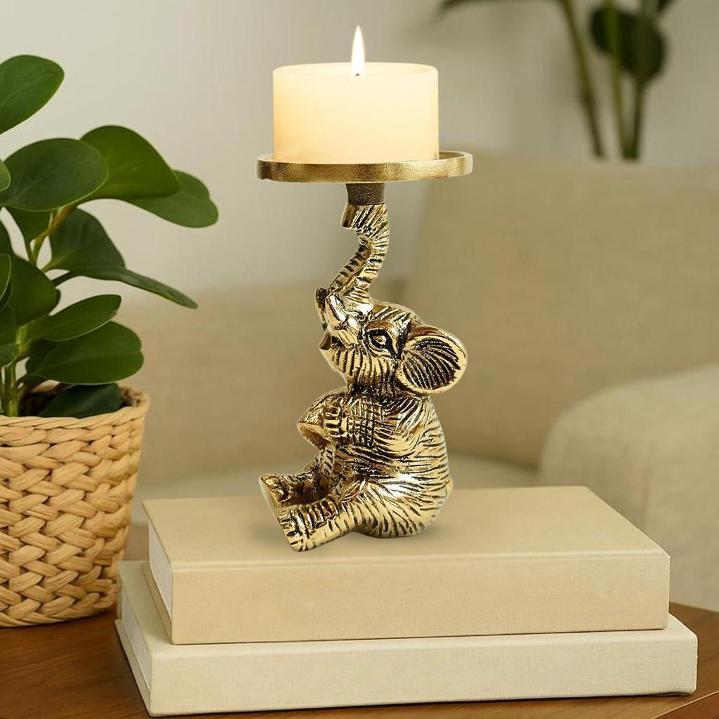 Aluminium Elephant Pillar Candle Holder Statue for Home Decor | Tabletop Showpiece for New Home Diwali Ganpati Decoration
