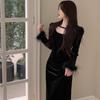 Early autumn black golden velvet dress, new women's clothing, spring and autumn high-end waist and long dress