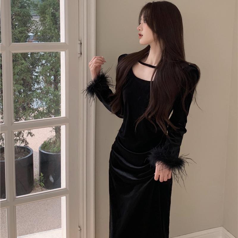 Early autumn black golden velvet dress, new women's clothing, spring and autumn high-end waist and long dress