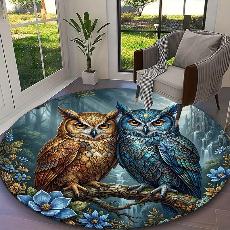 

[Dreamy Dark Owl Wildflower Printed Carpet] Non-slip Office Rug, Cozy Round Carprt for Living Room Use, Soft Home Sofa Chair Mat Diameter 60cm