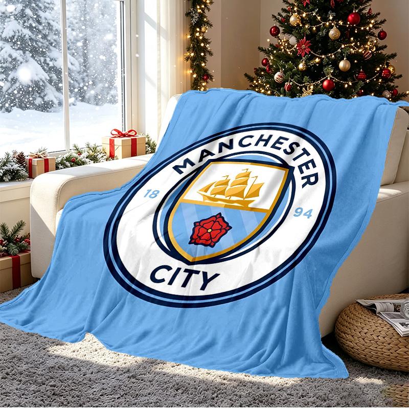Manchester City FC Pattern Blanket for Home Decoration, Bed, Sofa, Car Travel, Camping, Suitable for All Seasons, Birthday Christmas Gift