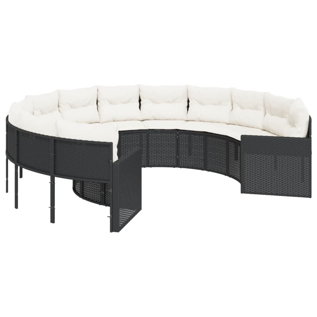 Rundes Gartensofa mit Kissen Schwarzes Poly-Rattan