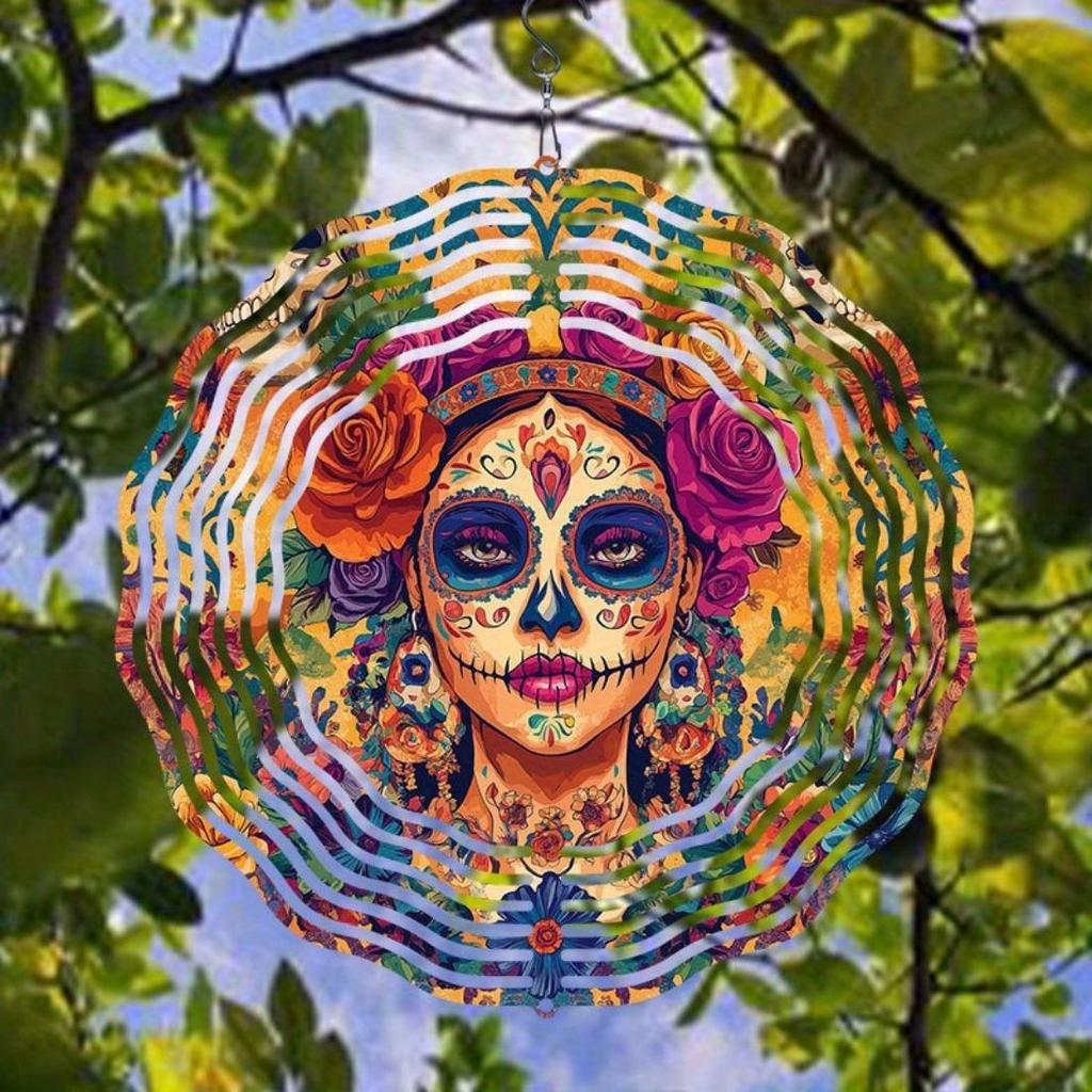 2D Mandala Wind Chime with Colorful Day of the Dead Skull Design Metal Outdoor Garden Decor for Patio Balcony Thanksgiving Christmas Gift