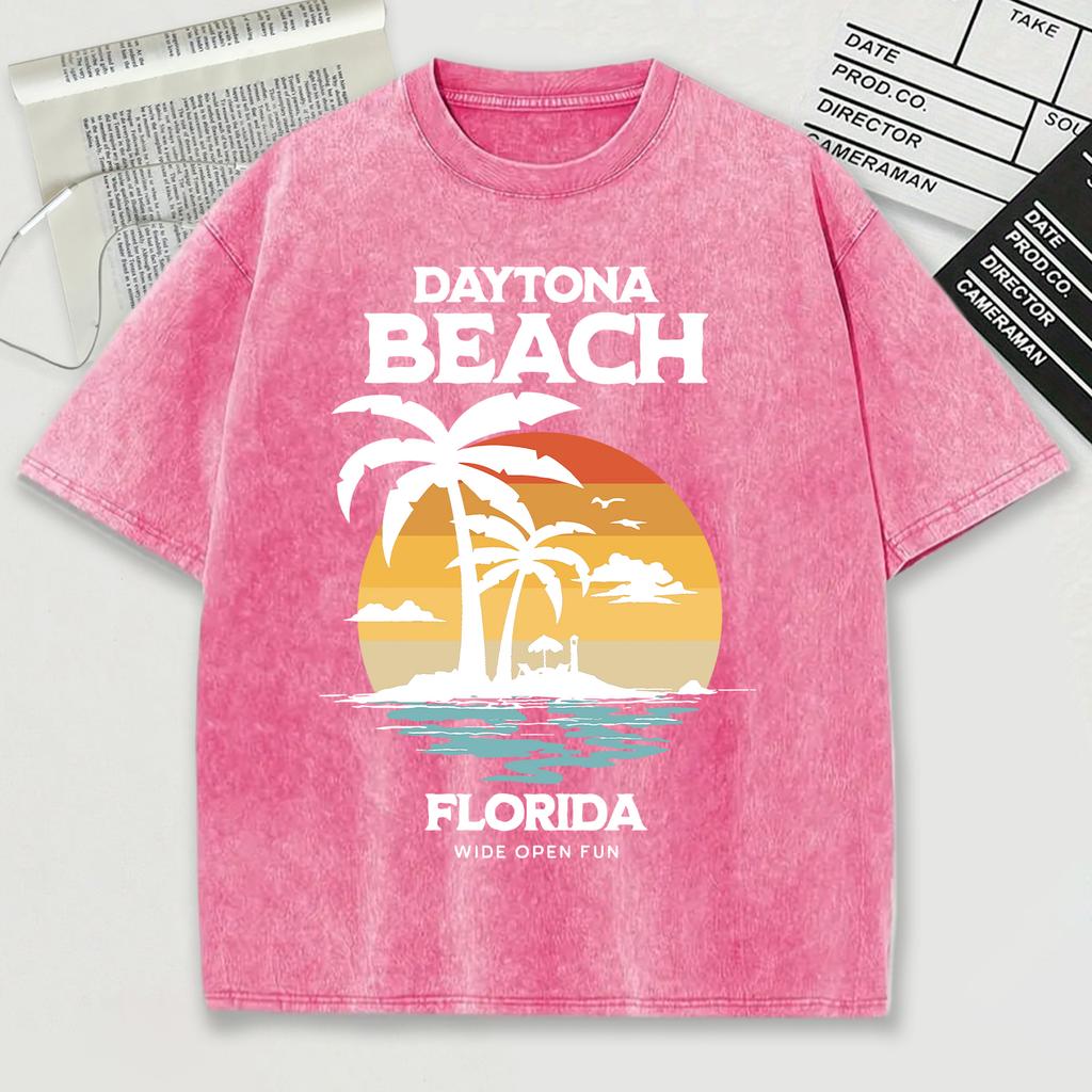 Daytona Beach Florida Wide Open Fun Print Snow Wash Mens T-Shirt O-Neck Tee Soft Cotton Top Trendy Unisex Short Sleeve