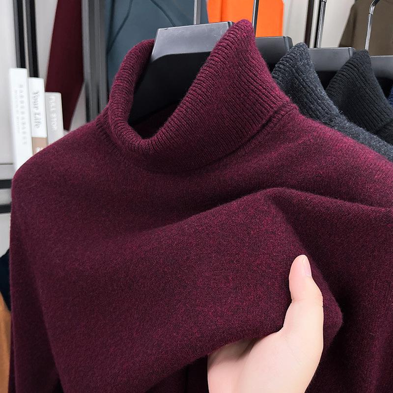 2025 Autumn/Winter Men's High Neck Lambswool Sweater, 100% Wool, Versatile Loose Pullover Base Layer