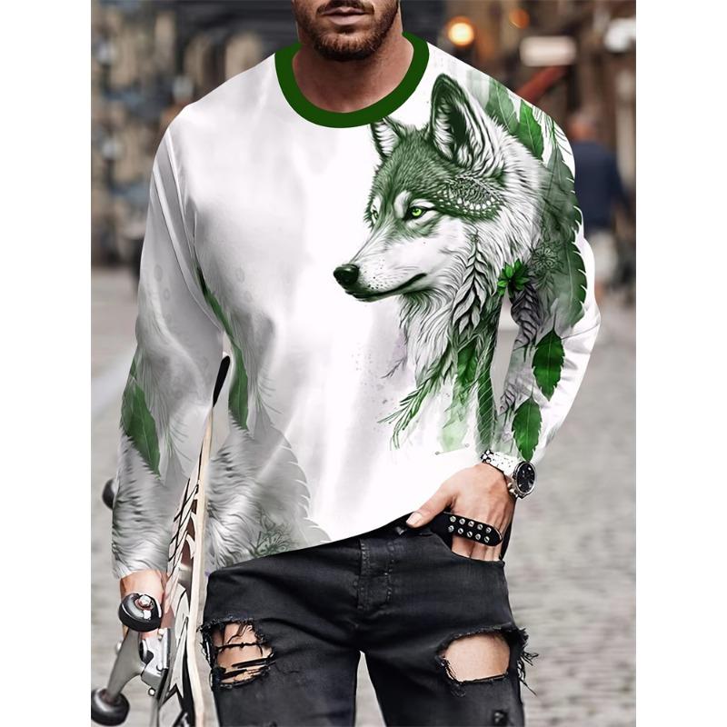2025 Novo Top Masculino com Estampa de Lobo Outono e Inverno Casual Diário Camiseta Masculina de Manga Comprida Moda de Rua Top Masculino de Manga Comprida