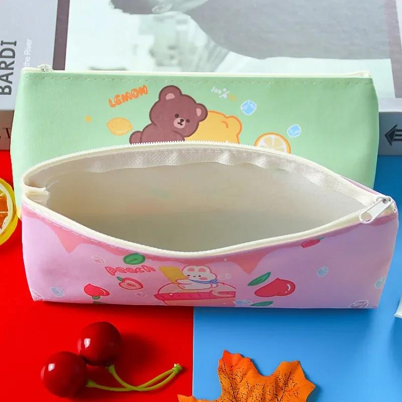 Cute Candy Color Cartoon Bear Rabbit Fruit PU Pencil Case Portable Large Capacity Stationery Storage Bag Kawaii School Supplies