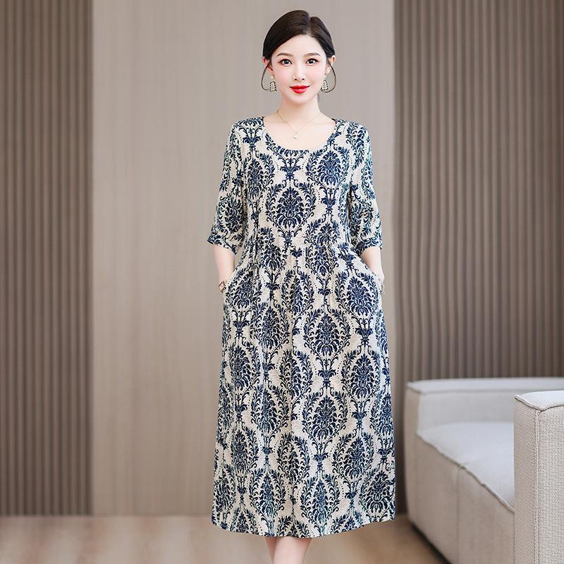 Cotton Silk Long Dress Summer Loose Slimming Knee-Length Floral Print Short-Sleeve Elegance Mommy's Outfit Street Style Trend