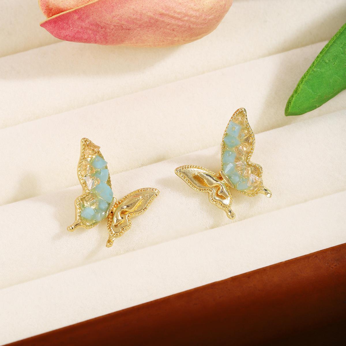 Summer High-End Feeling Small Fresh Light Luxury Butterfly Earrings, Mori Sweet Temperament Broken Diamond Gradual Change Stud Earrings Women