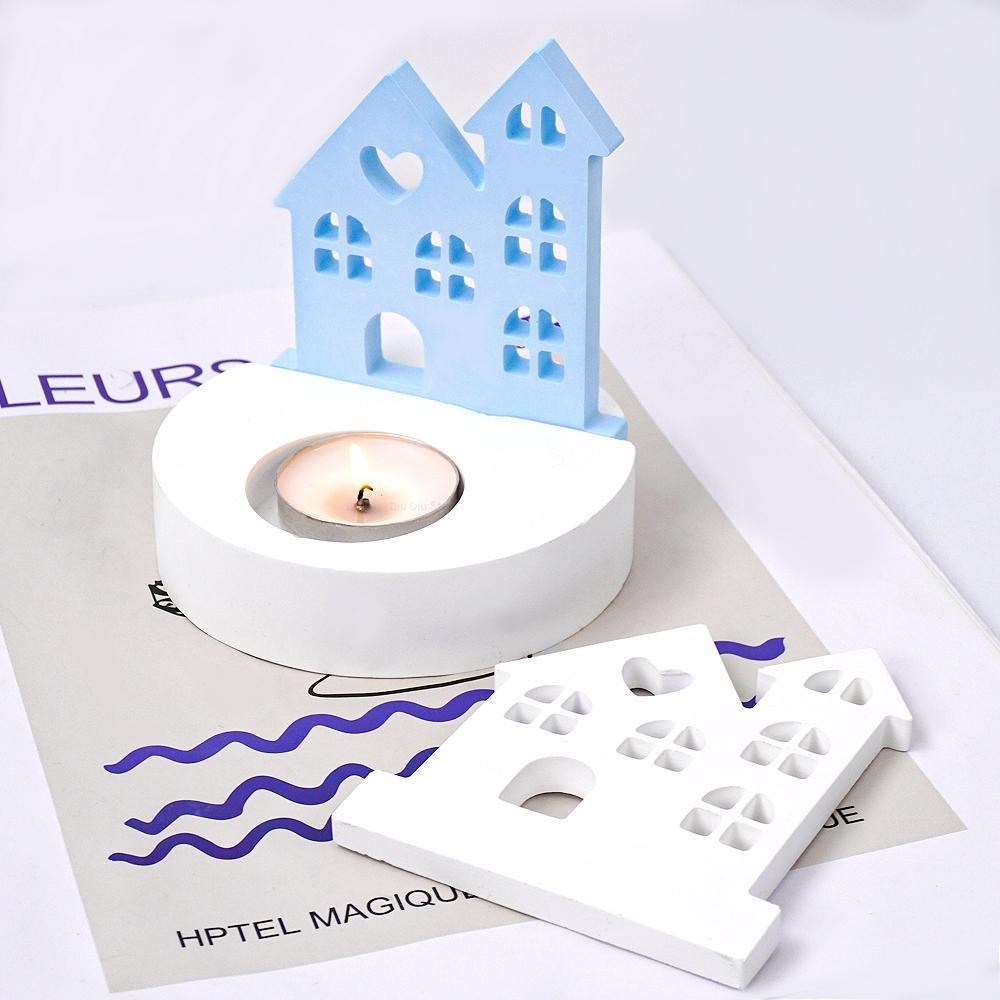 DIY Heart House Candlestick Silicone Mold Window Houses Tea Light Candle Holder Craft Gift Making Resin Gypsum Molds Home Decor