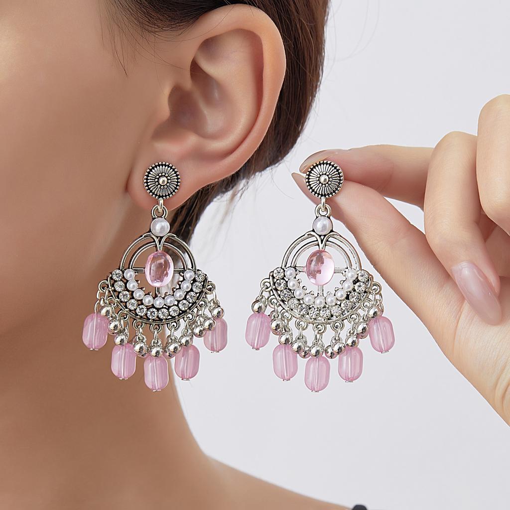 Retro Ethnic Style Rhinestone Tassel Earrings for Women , Nepal Fashion Dangle Earrings , Classic Elegant Drop Earrings