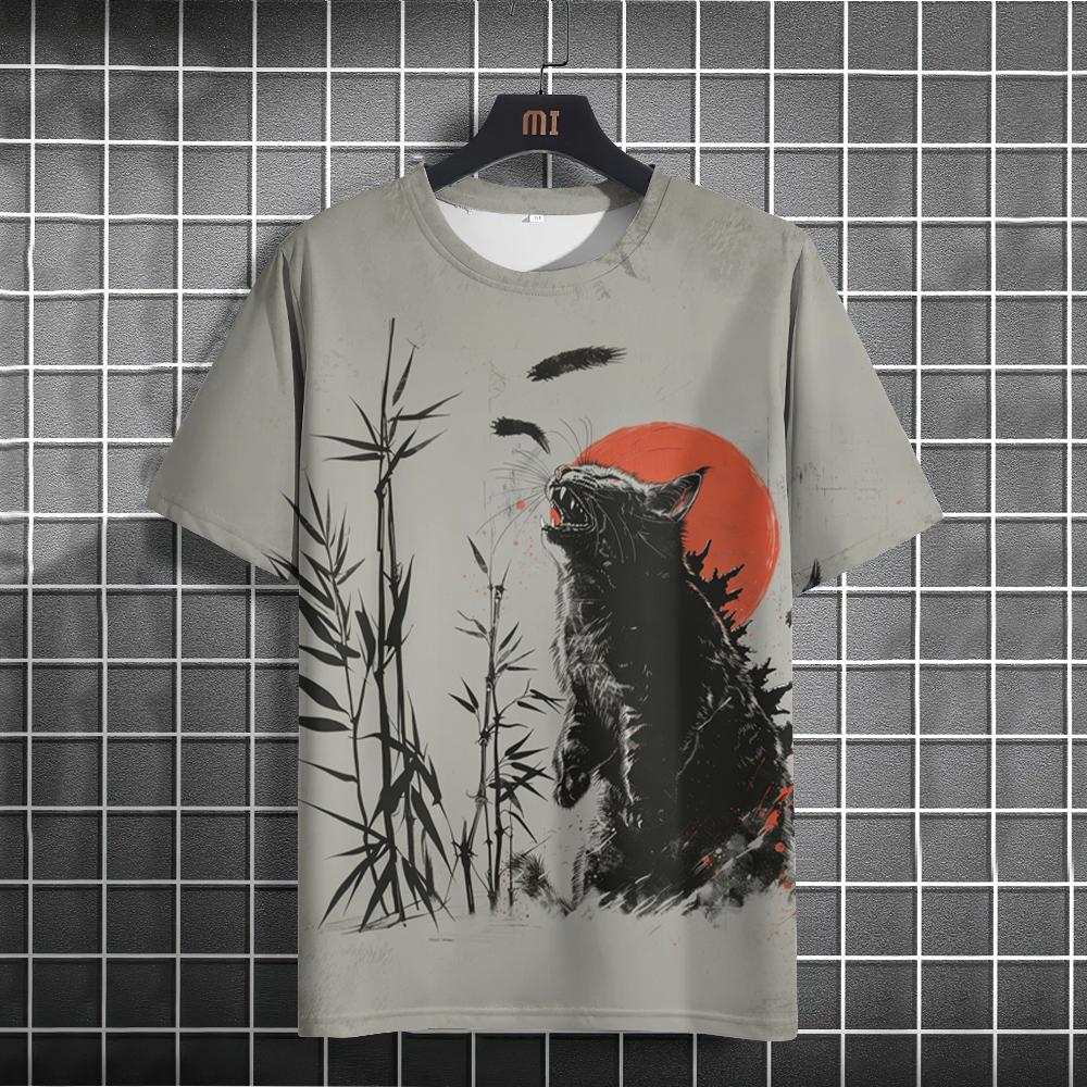 Japanese Style T-Shirt For Men Godzilla And The Cat Graphic T Shirts Printed Short Sleeve T Shirts Oversized Men's Clothing Tops