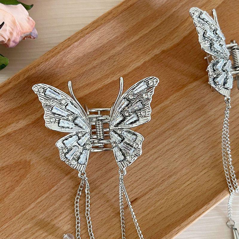 Shiny Rhinestones Butterfly Hair Claw Clips For Women Girl Vintage Long Chain Tassel Claw Clip New Chinese Style Accessories