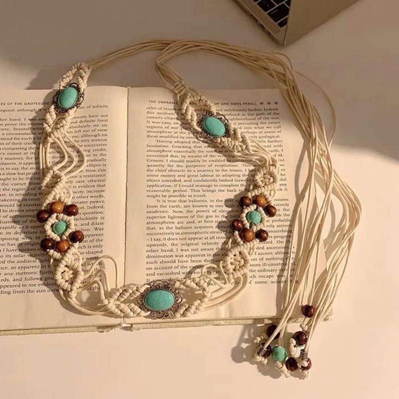 Bohemian Style Butterfly Blue Water Diamond Waist Woven Handmade Wooden Bead Belts Y2K Retro Belt Waist Chain Accessory Skirt