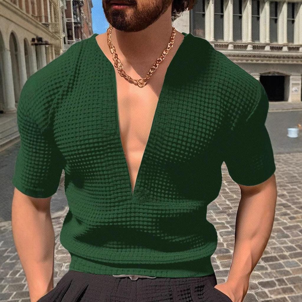 Men'S Summer Sports Fitness Casual V-Neck Stretch Solid Color Large Size Short Sleeve T-Shirt For Men