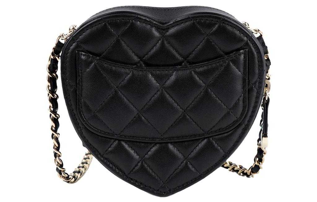 Chanel 22S Borsa a Forma di Cuore in Pelle di Pecora Trapuntata Nera con Catena Dorata e Zip a Zip Borsa a Spalla/Crossbody da Donna