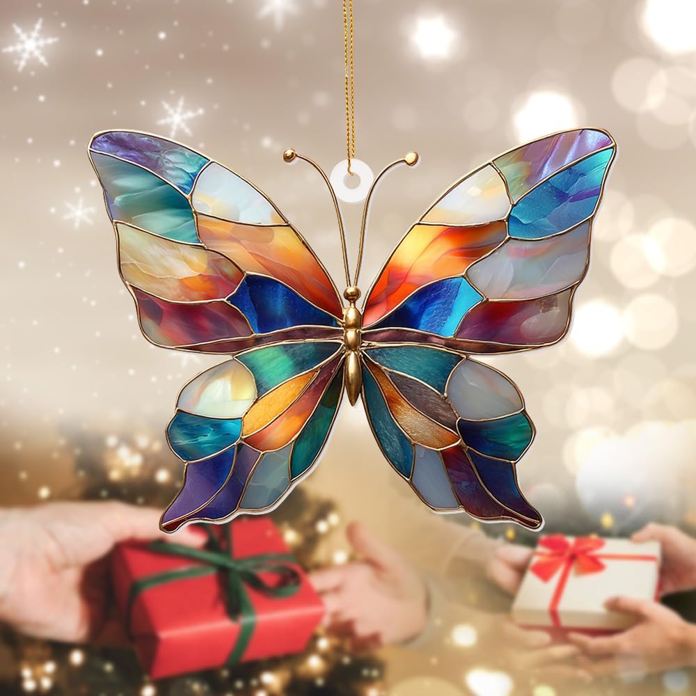 Stained Glass Butterfly Ornament Acrylic – Colorful Suncatcher Window Hanging Glass Butterfly Decoration for Christmas Tree