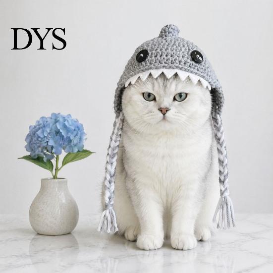 Pet Photography Props Funny Shark Cat Hat, Crocheted Hat with Braided Comfortable Festival Outfit Straps, Soft Cute Knitted for Cats Small Dogs